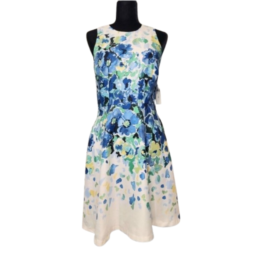 Donna Morgan Women's Sleeveless Blue Green Floral print White Dress Lined Size 4